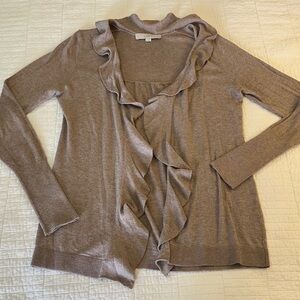 LOFT Ruffled Small Cardigan Sweater Wool Blend Taupe EUC